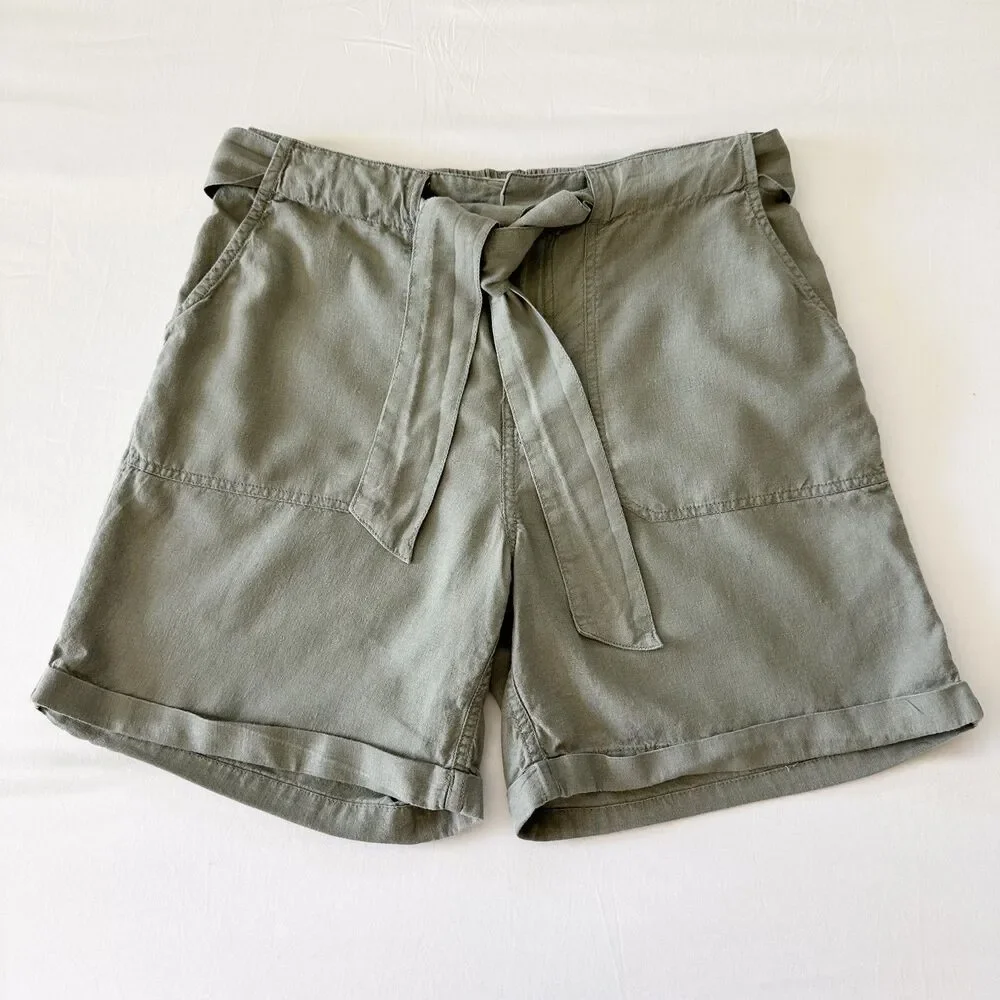 FatFace Linen Blend Shorts Womens US 6 Green Pistachio Tie Waist Cuffed Paperbag